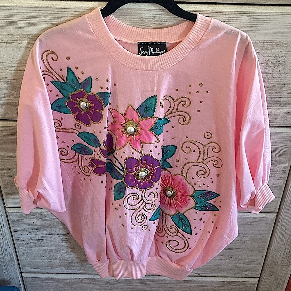 VTG 80’s Pearl Studs Floral Embroidered Cotton Top Puffed Sleeve M